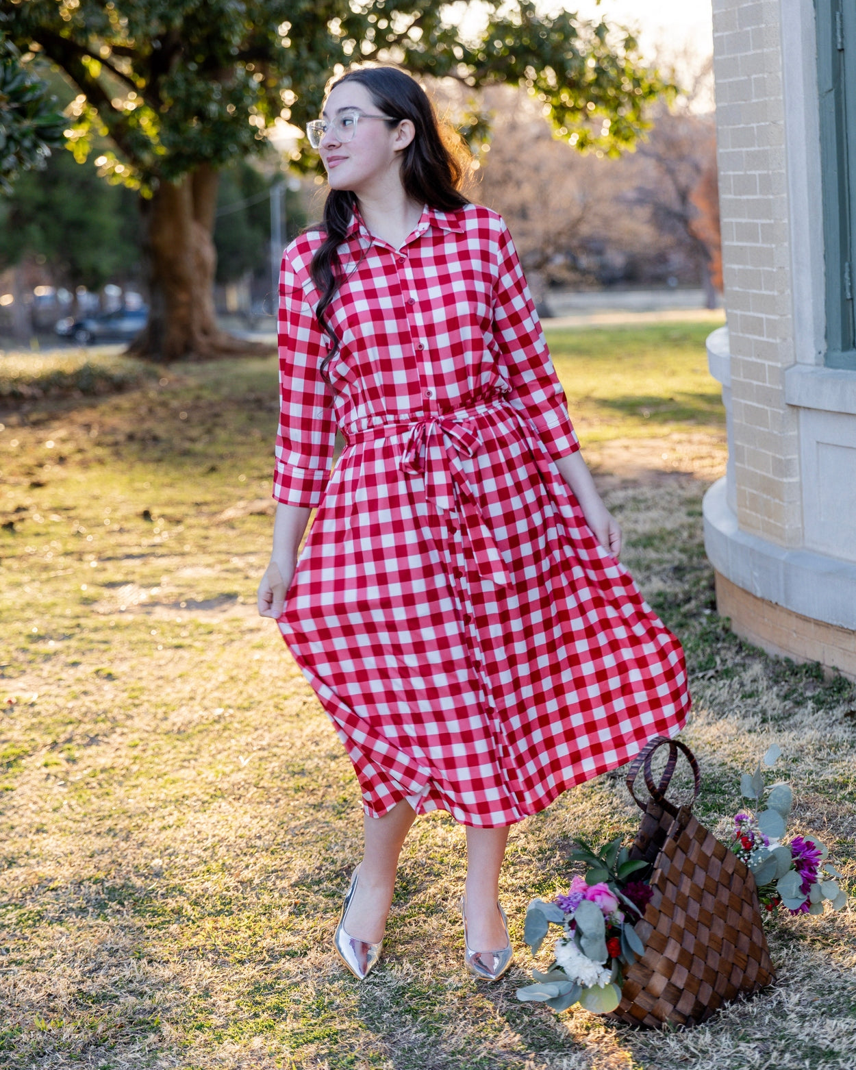 Model wearing the Nuggles® Rachel Dress in Cherry Jam