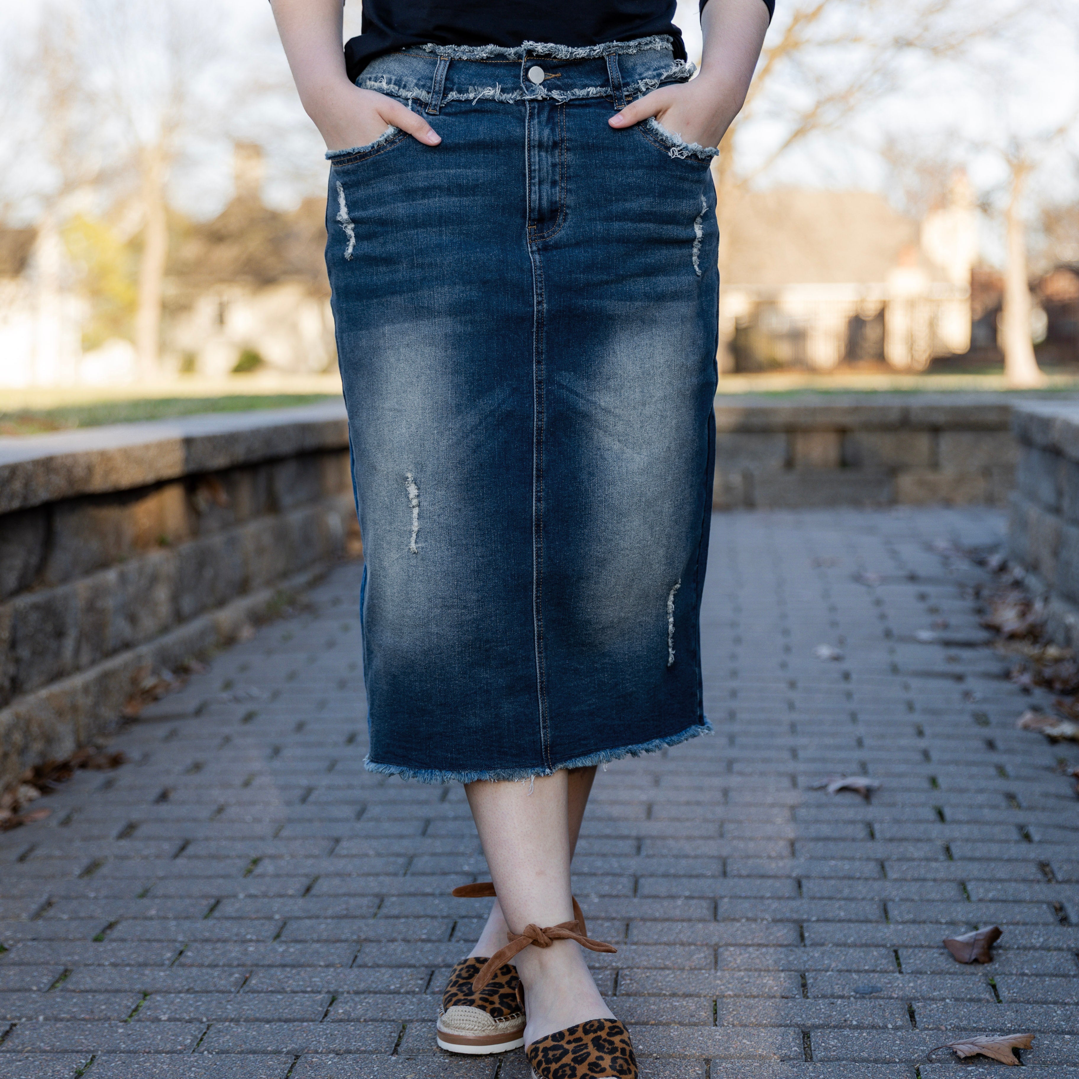 Whisker Fraye denim midi skirt with functional button and zipper front, running 3 inches larger in waist.