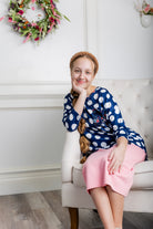 Modest women's Paisley Top with 3/4 sleeves, front pocket, and contrast knit fabrics, styled with a classic skirt – perfect for everyday wear or church outfits