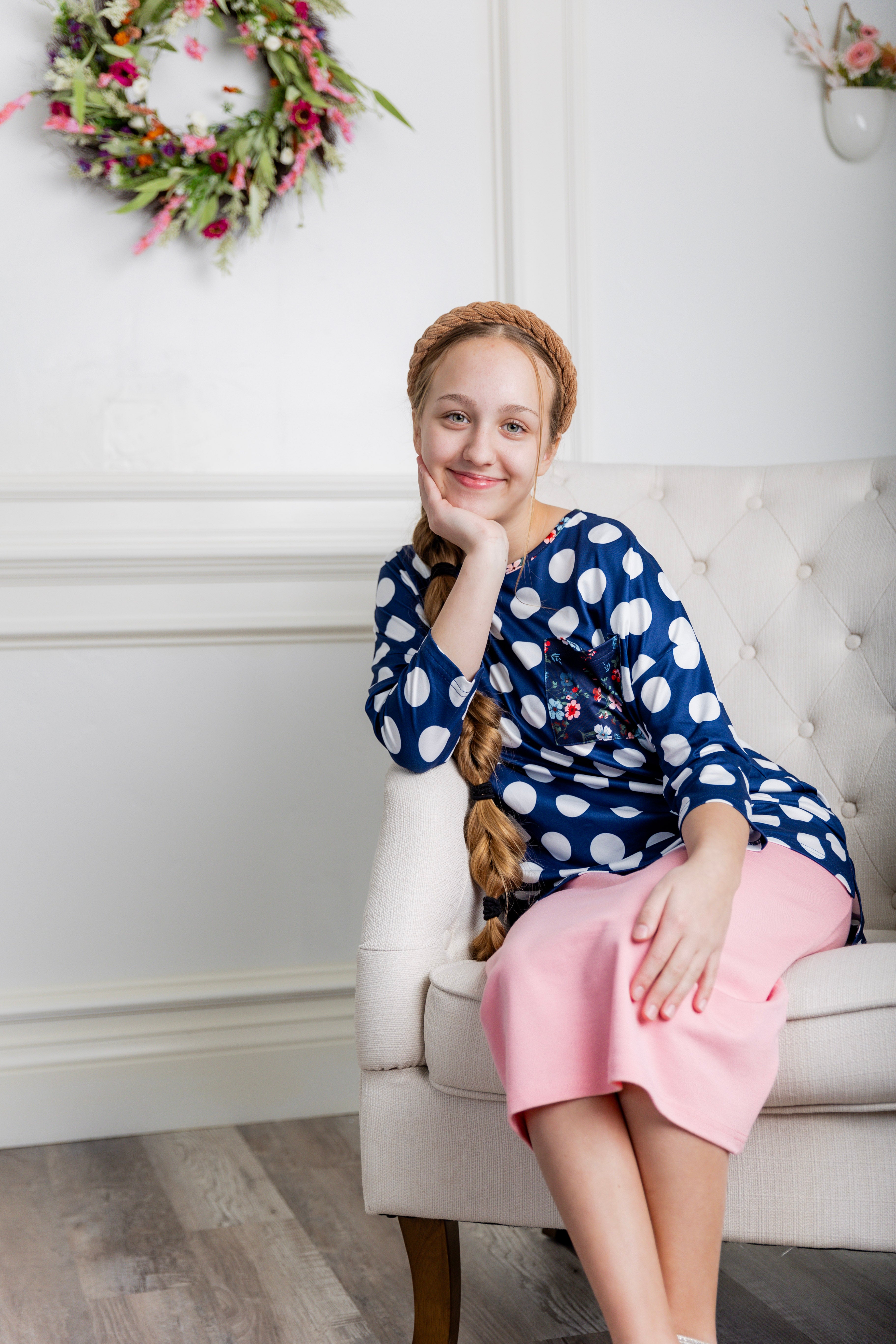 Modest women's Paisley Top with 3/4 sleeves, front pocket, and contrast knit fabrics, styled with a classic skirt – perfect for everyday wear or church outfits