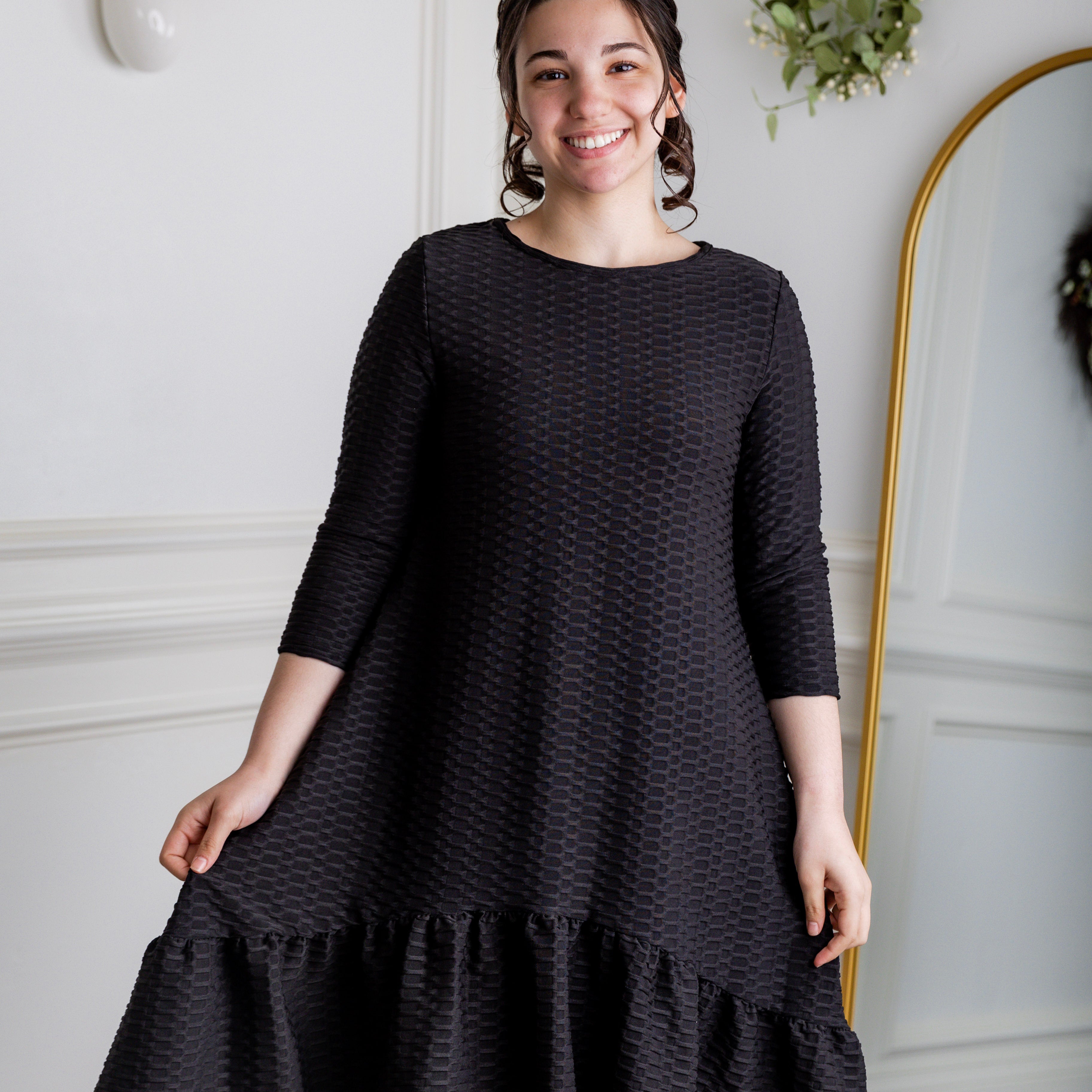 Modest solid Rose Top for women in textured fabric, long hip-length cut, paired with matching midi skirt from Nuggles®
