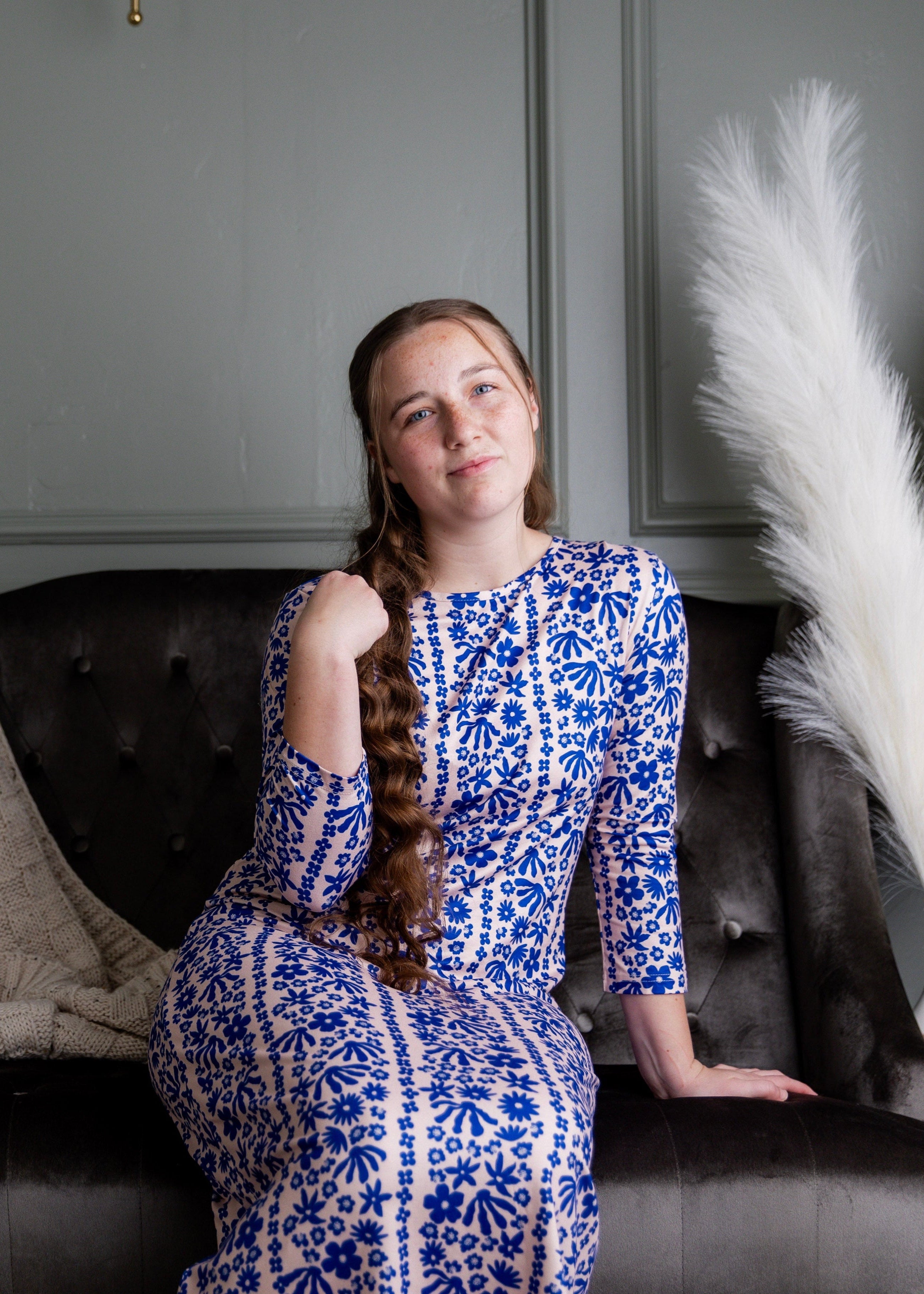 Models wearing Nuggles® original midi layering dress in print