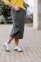 Modest denim skirt with stretch waistband and front/back pockets – available in 27", 31", and 34" lengths – Nuggles® exclusive