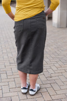 Modest denim skirt with stretch waistband and front/back pockets – available in 27", 31", and 34" lengths – Nuggles® exclusive