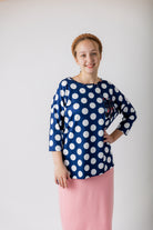 Modest women's Paisley Top with 3/4 sleeves, front pocket, and contrast knit fabrics, styled with a classic skirt – perfect for everyday wear or church outfits