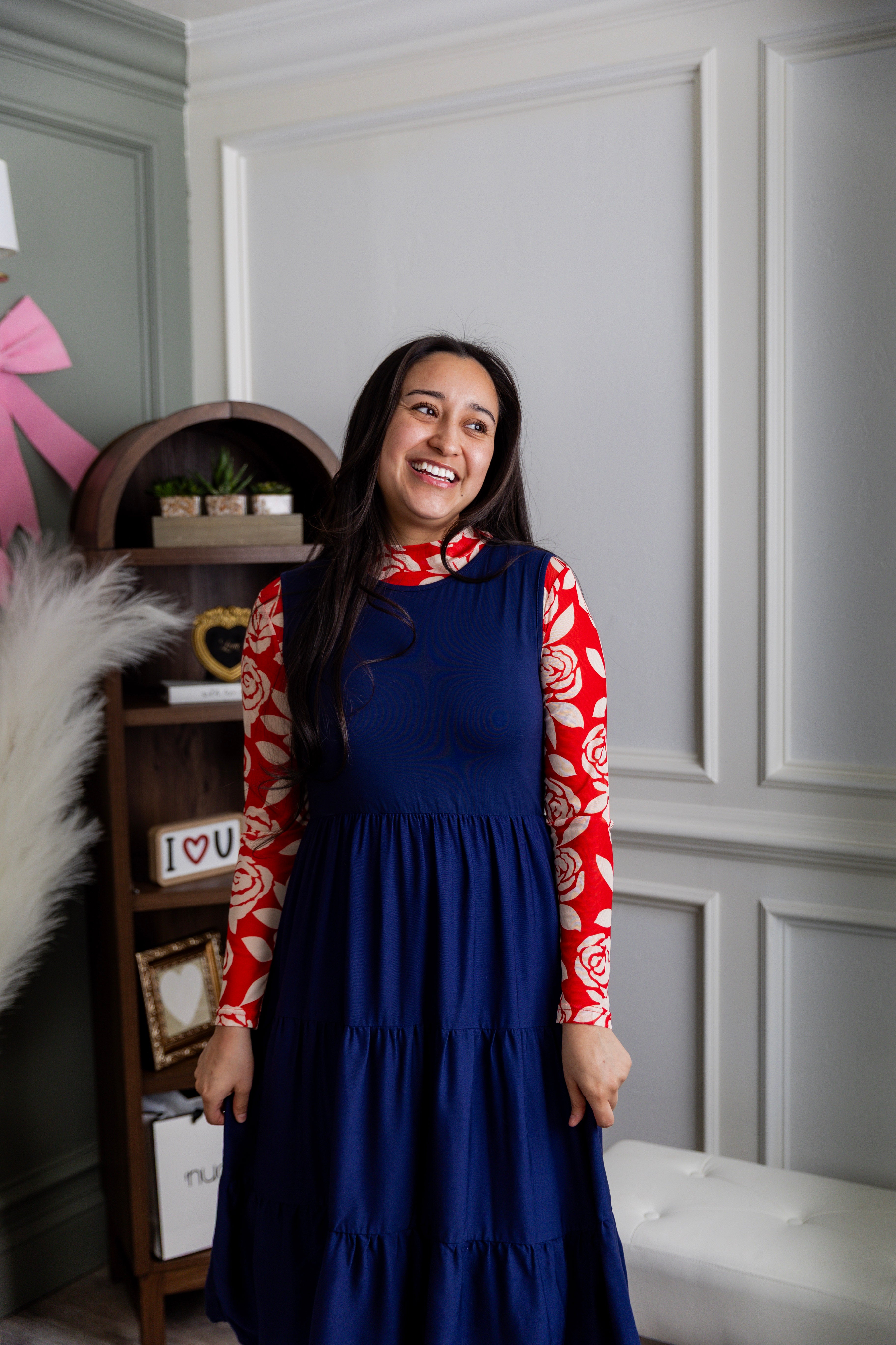 Model wearing Nuggles® Mesh Tee top in Rosie Rouge