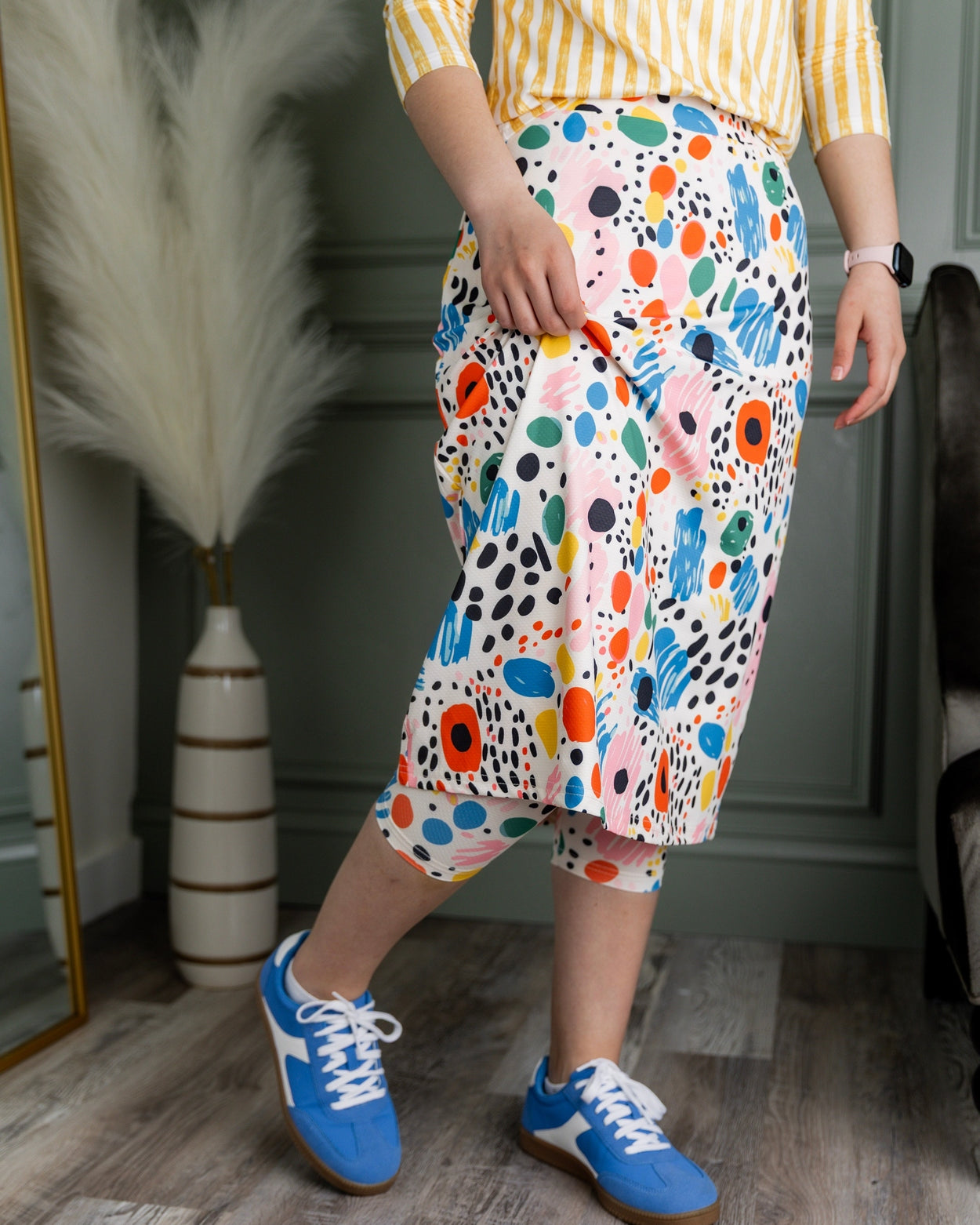 Model wearing Nuggles® 27" All-Sport Skirt in Party Sprinkles