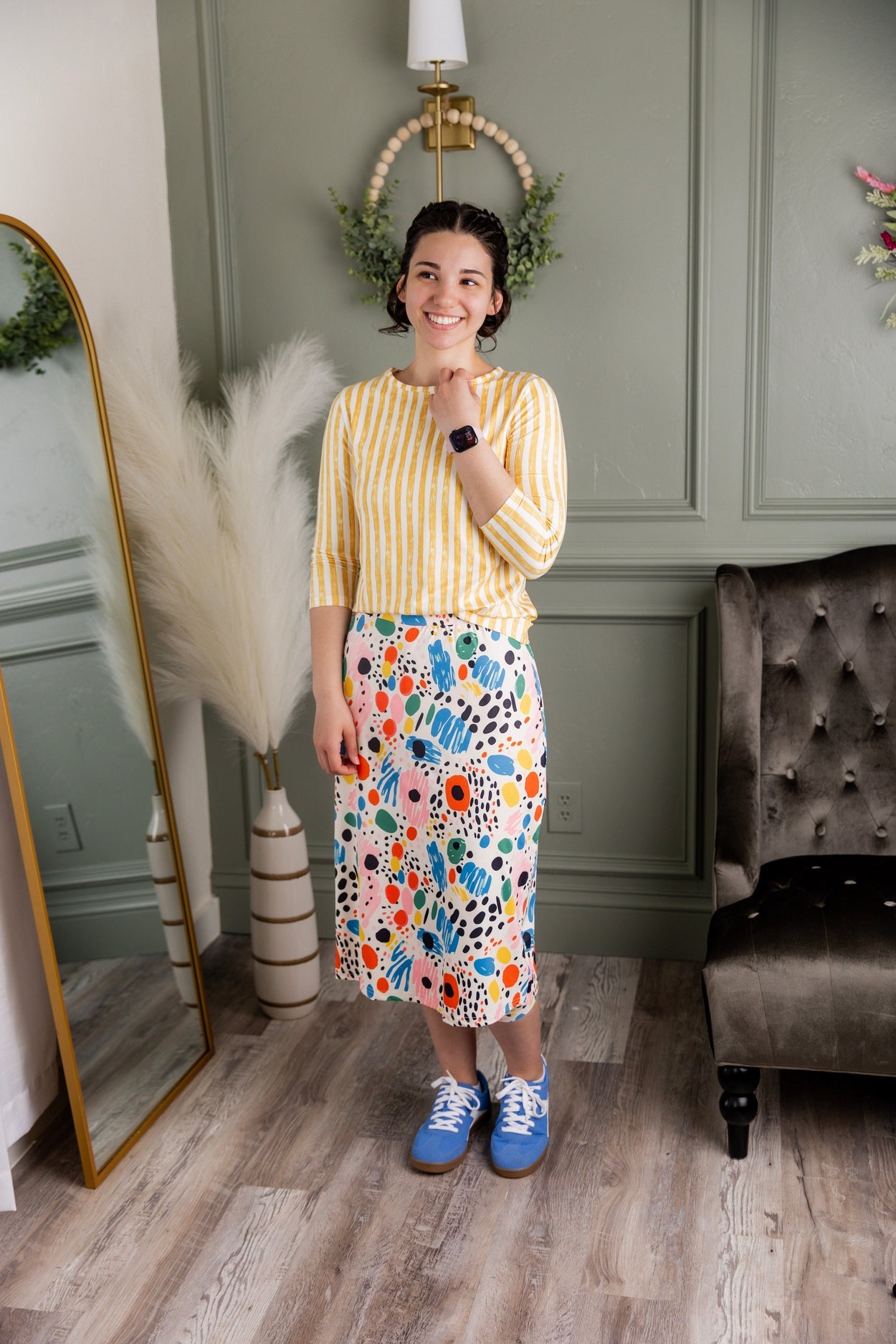 Model wearing Nuggles® 27" Sport Skirt in Party Sprinkles