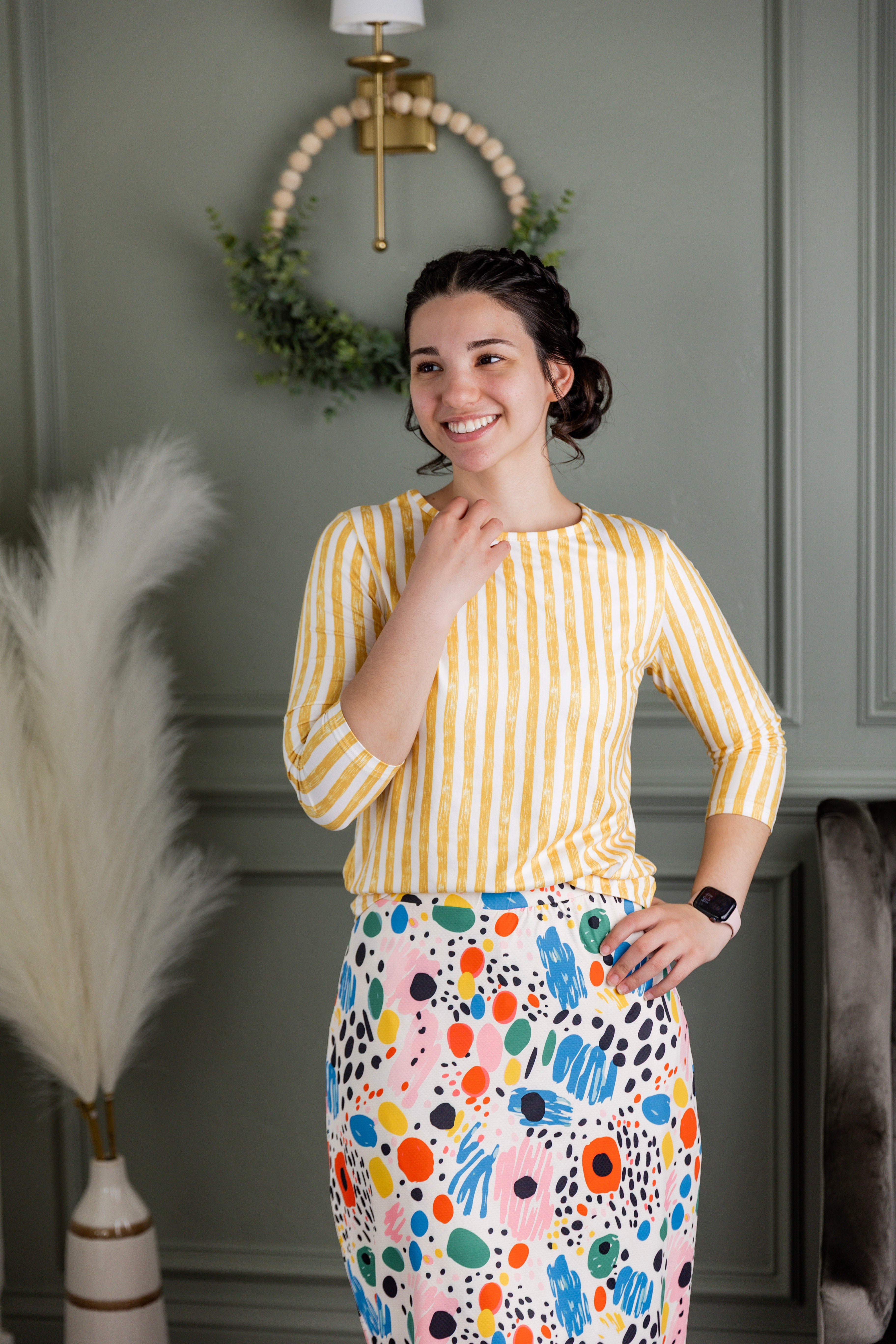 Model wearing Nuggles® 3/4 Essential Tee in Lemon Drop Stripe