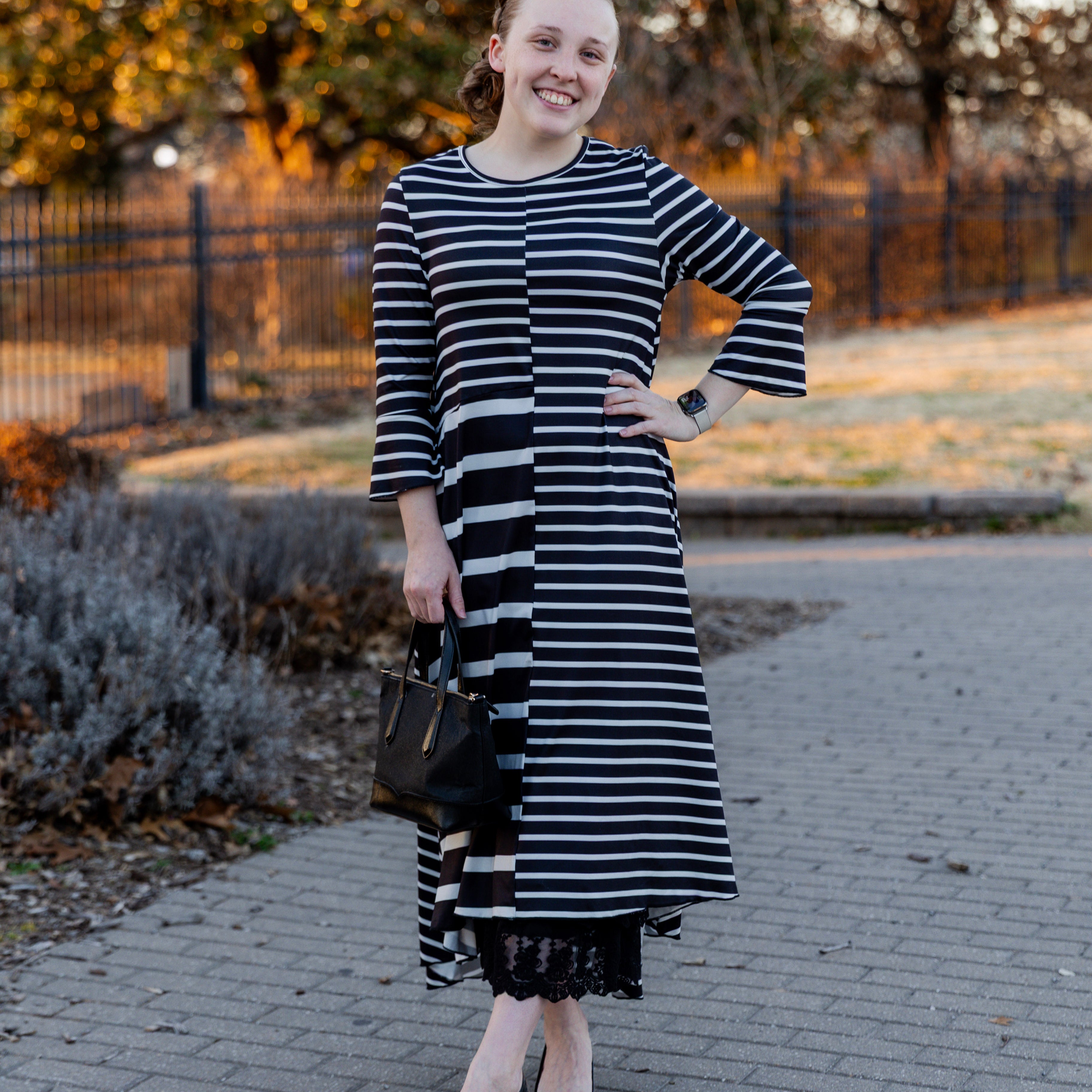 Modest high low knit dress with asymmetrical hem, ruffle sleeves, and mixed front prints – Kristine Dress by Nuggles®