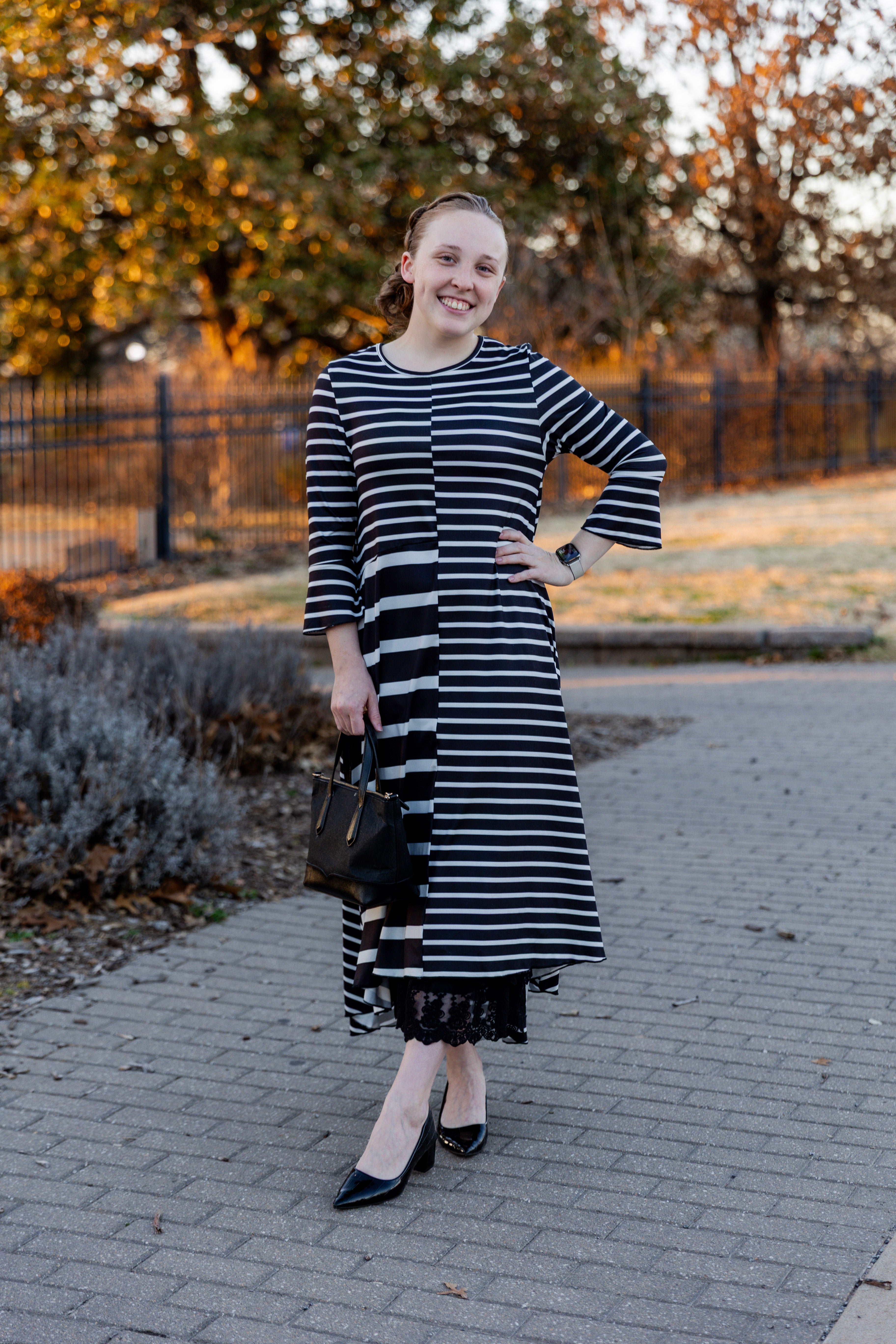 Modest high low knit dress with asymmetrical hem, ruffle sleeves, and mixed front prints – Kristine Dress by Nuggles®