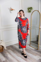 Modest dolman sleeve dress for women with relaxed fit and tapered hem, made from soft stretch knit fabric – perfect for everyday wear.