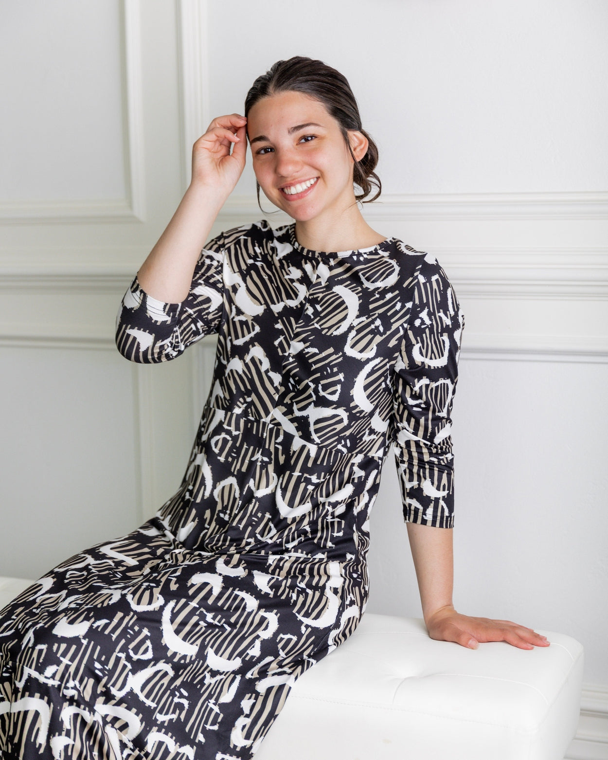 Model wearing Nuggles® Cindy Bubble Dress in Mocha Brushstroke