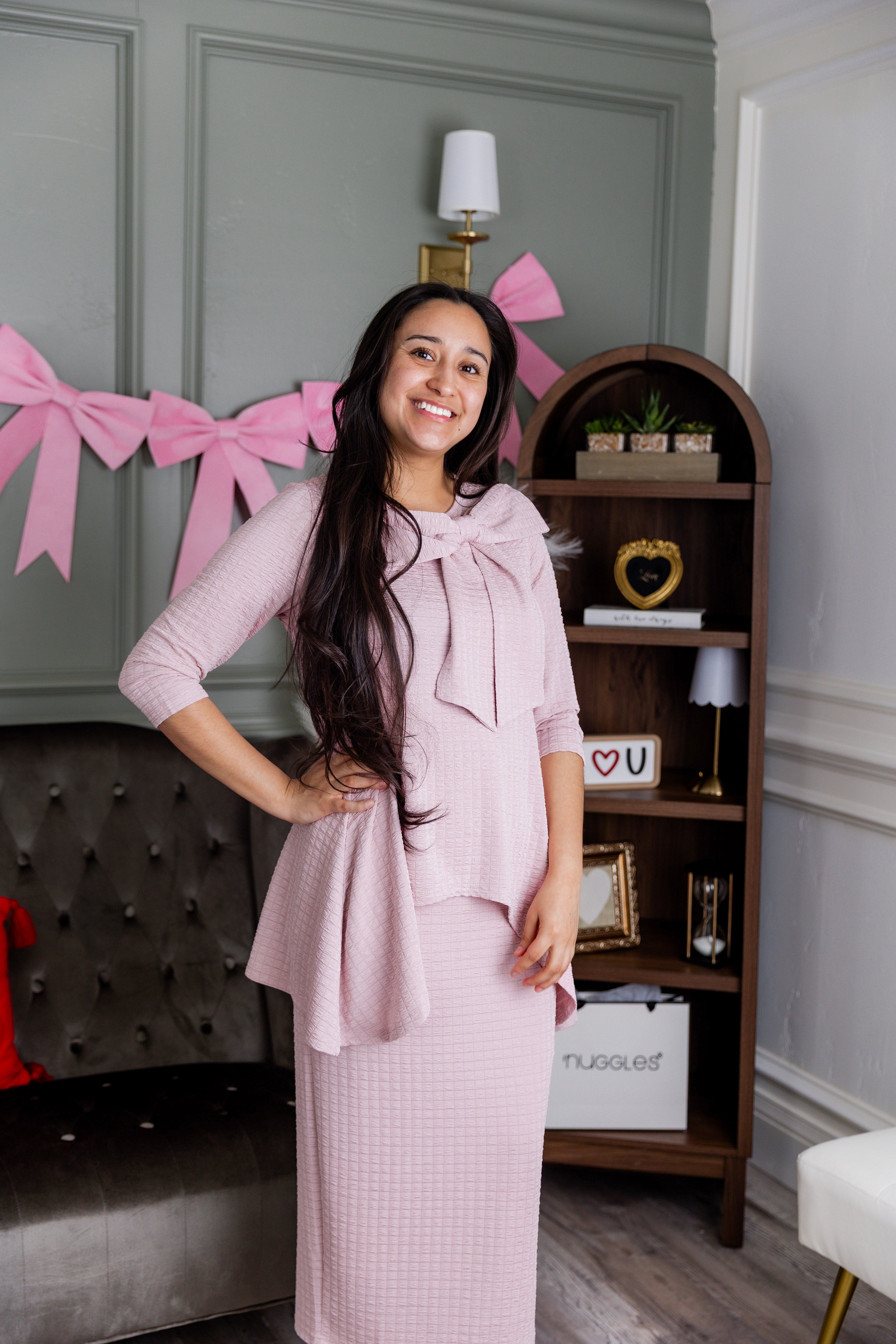 Model wearing Nuggles® Eleanor Top in Pink