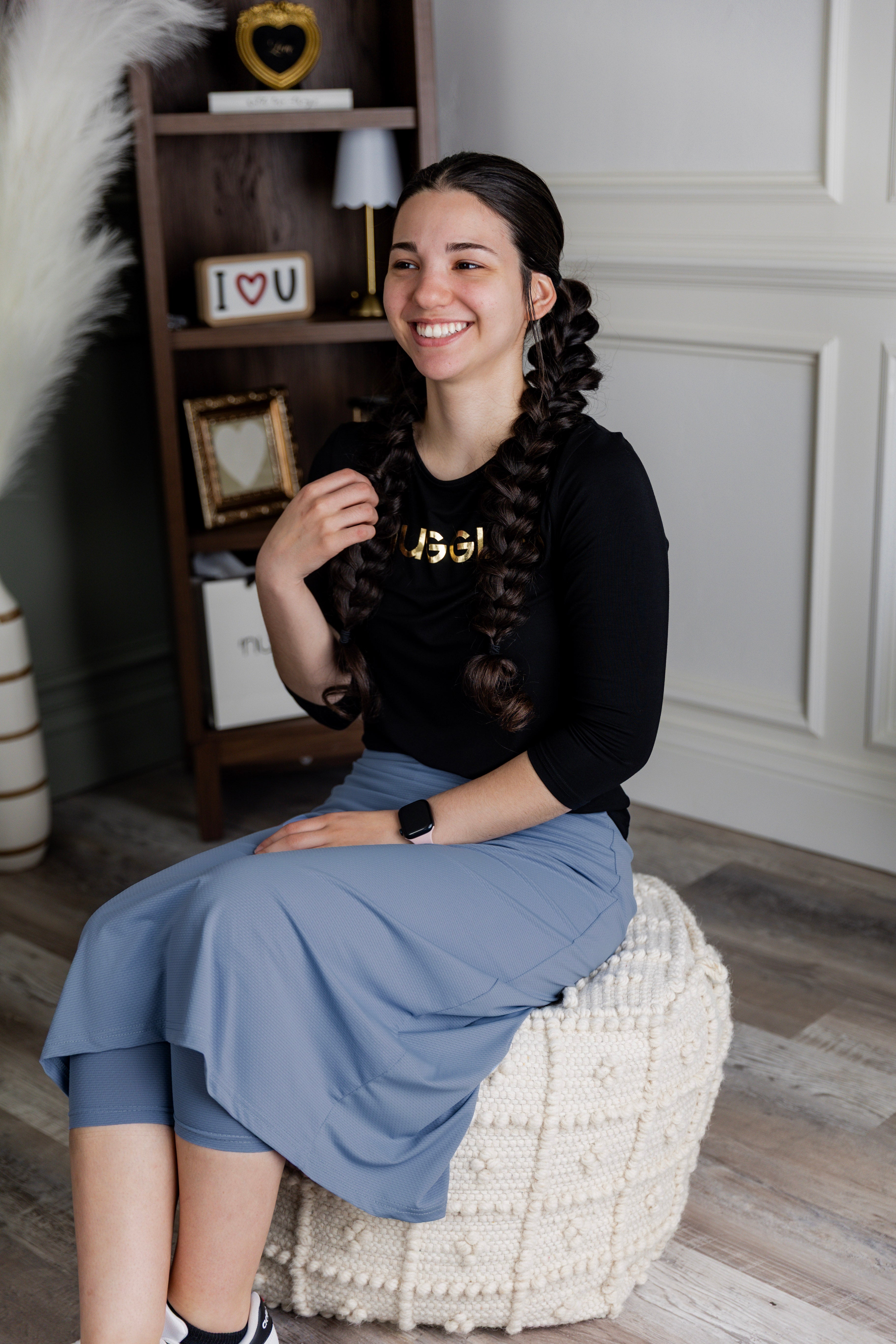 Model wearing Nuggles® 31" All-Sport Skirt in Baby Blue