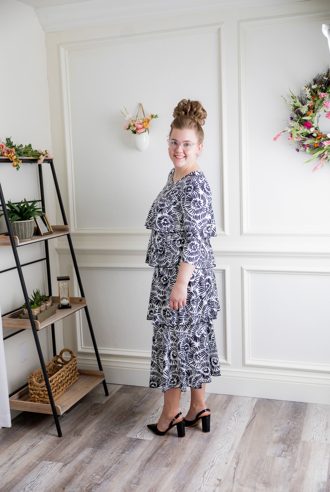 Model wearing the Olivia Dress in soft, modest fabric – timeless, ruffle-free design ideal for church, work, or everyday wear