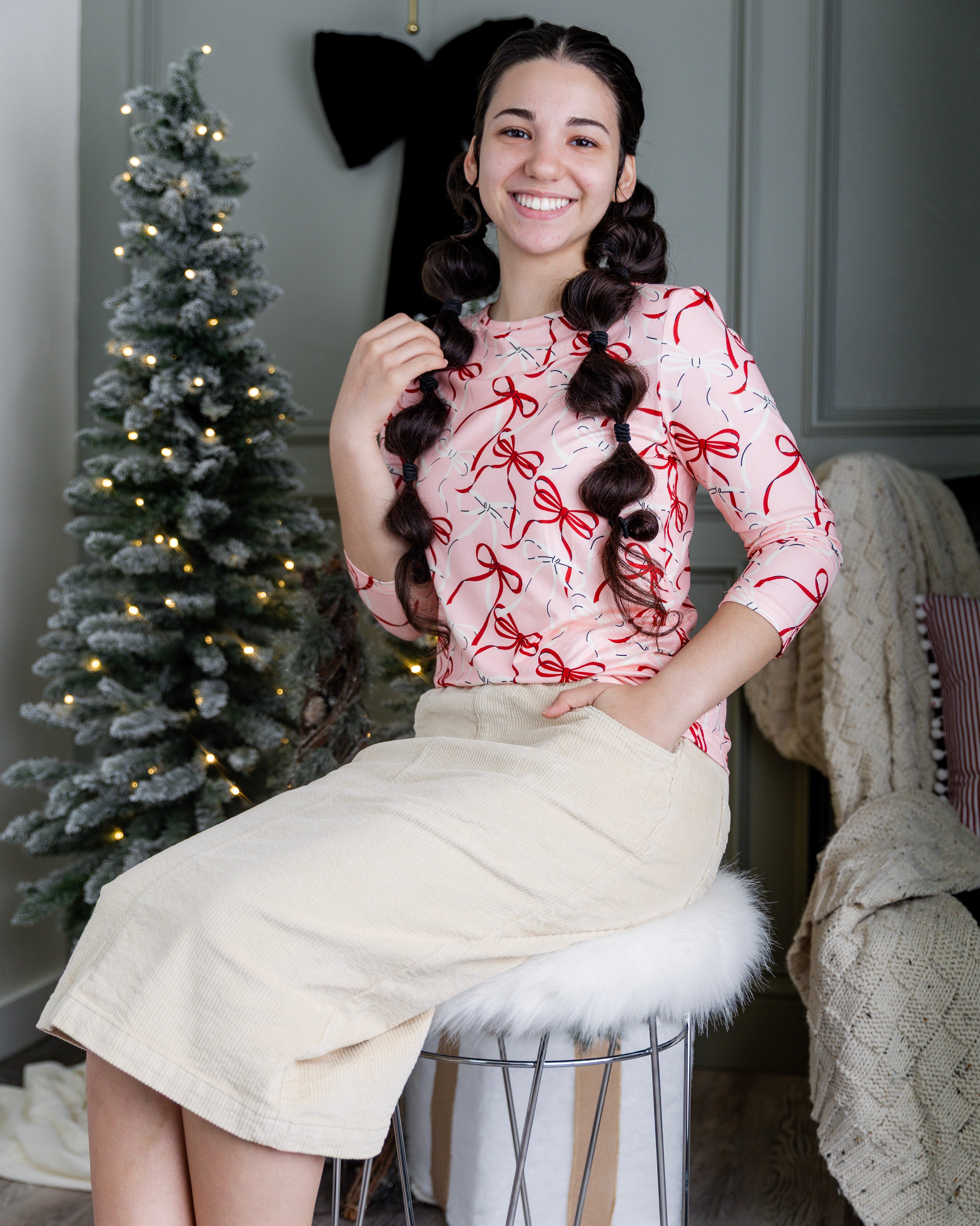 Model wearing Nuggles® 27-inch corduroy skirt