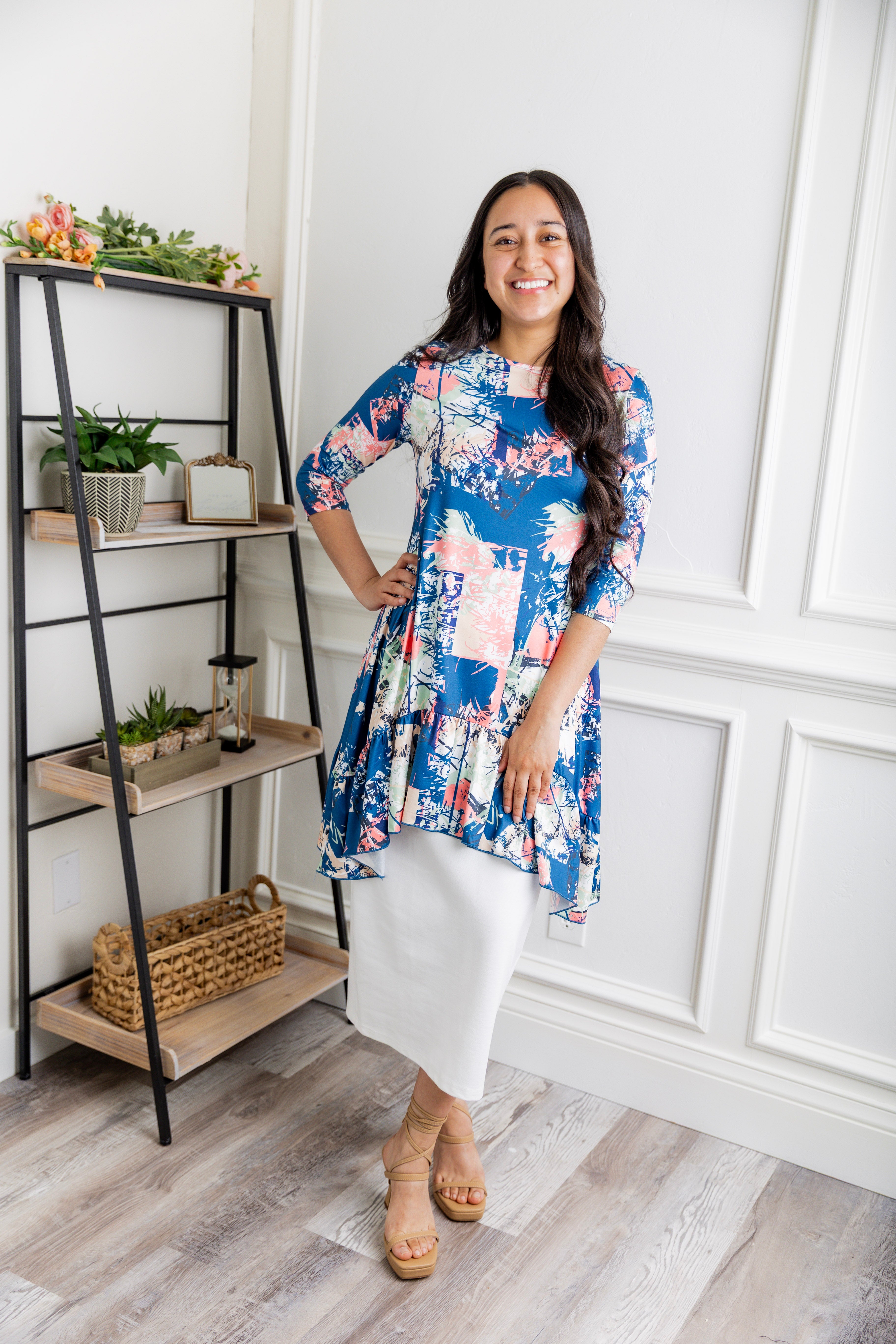 Bright abstract print tunic top for women – Nuggles® Rose Top with blue, pink, and cream splashes, modest and flowy fit.