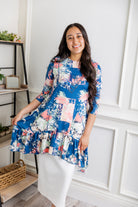 Bright abstract print tunic top for women – Nuggles® Rose Top with blue, pink, and cream splashes, modest and flowy fit.
