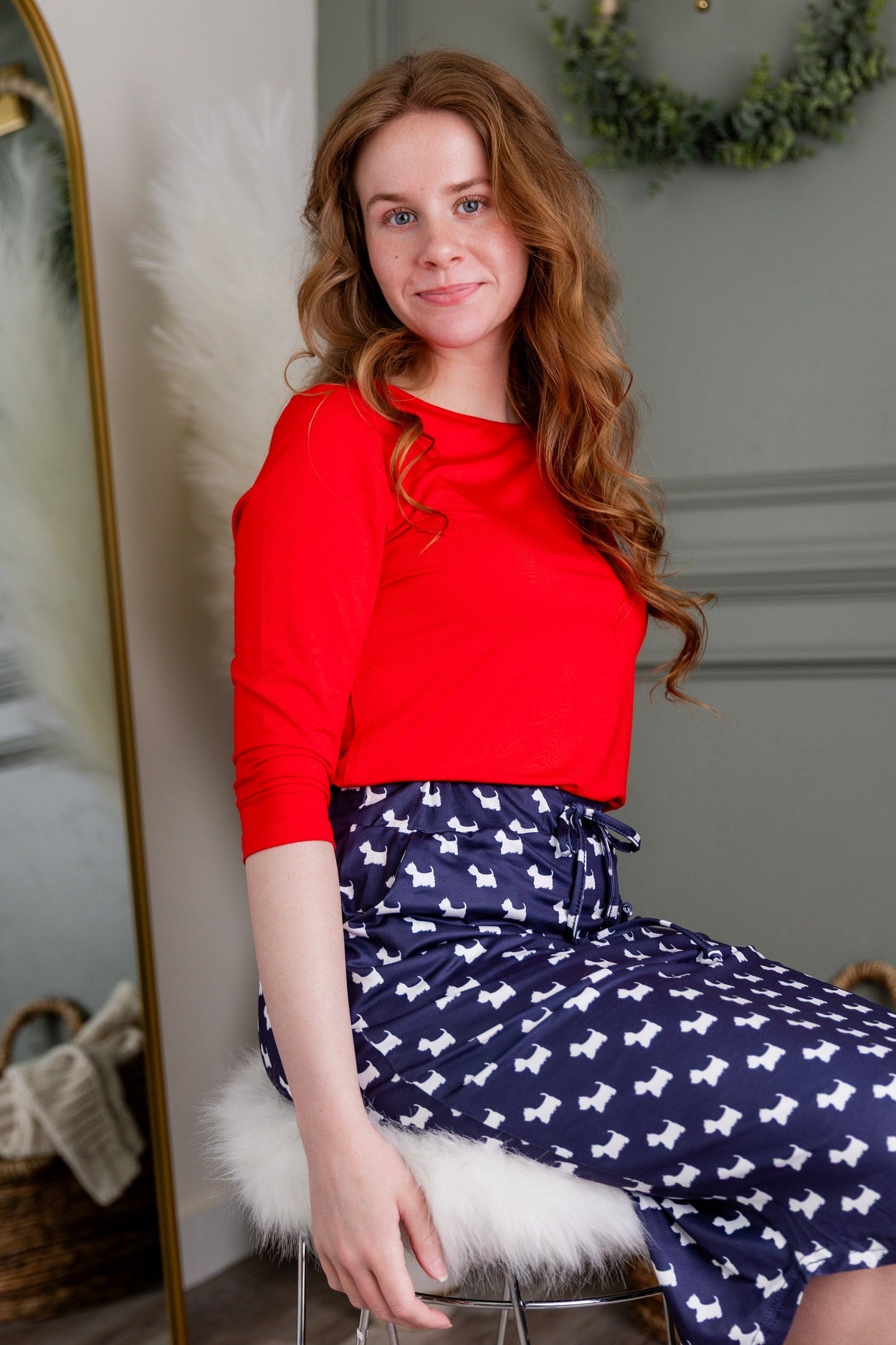 Model wearing Modest Nuggles® 27" Drawstring Skirt in Doggy Doodles