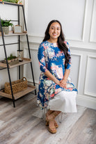 Bright abstract print tunic top for women – Nuggles® Rose Top with blue, pink, and cream splashes, modest and flowy fit.