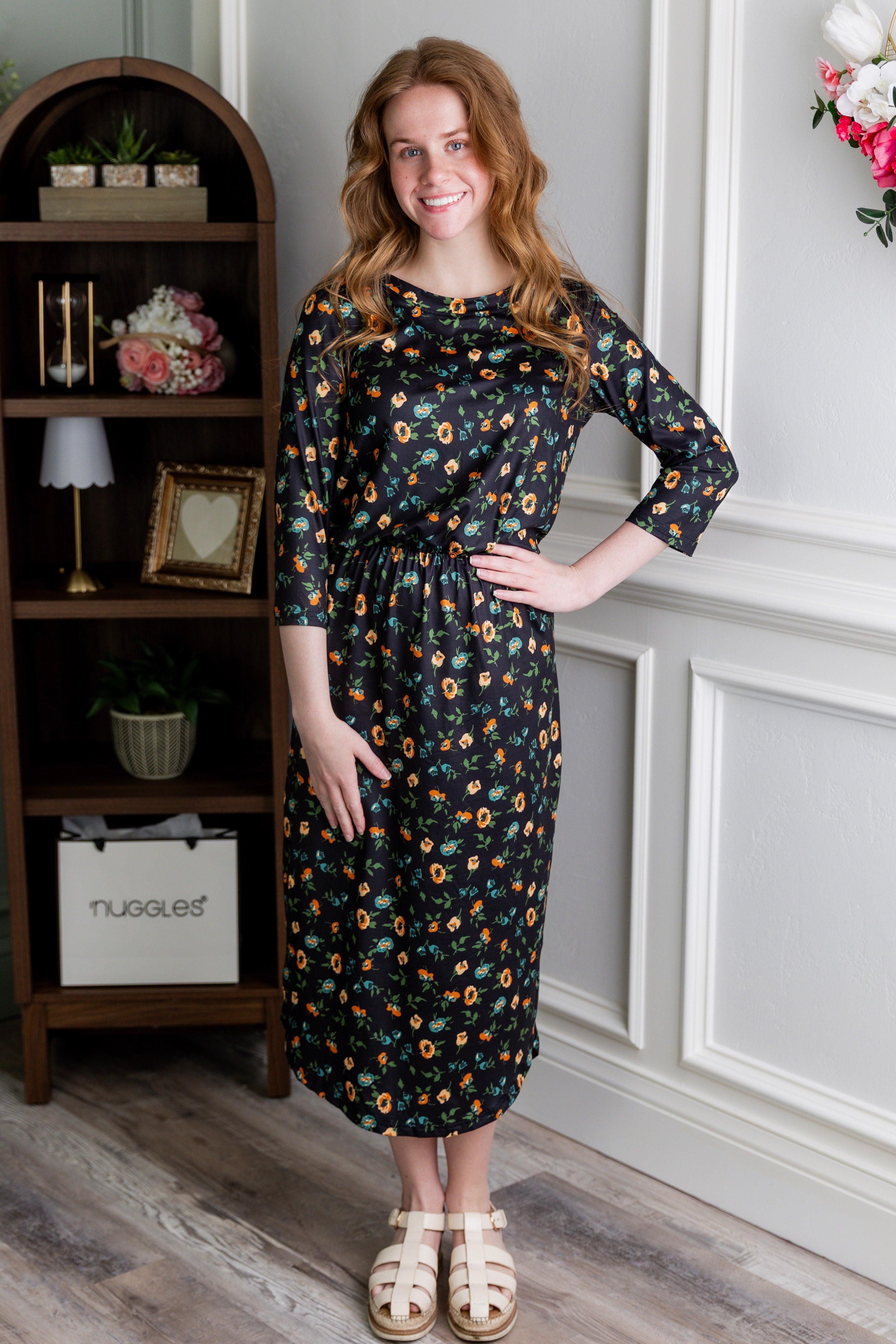 Model wearing Modest Nuggles® Harper Jane Dress in Wildflowers