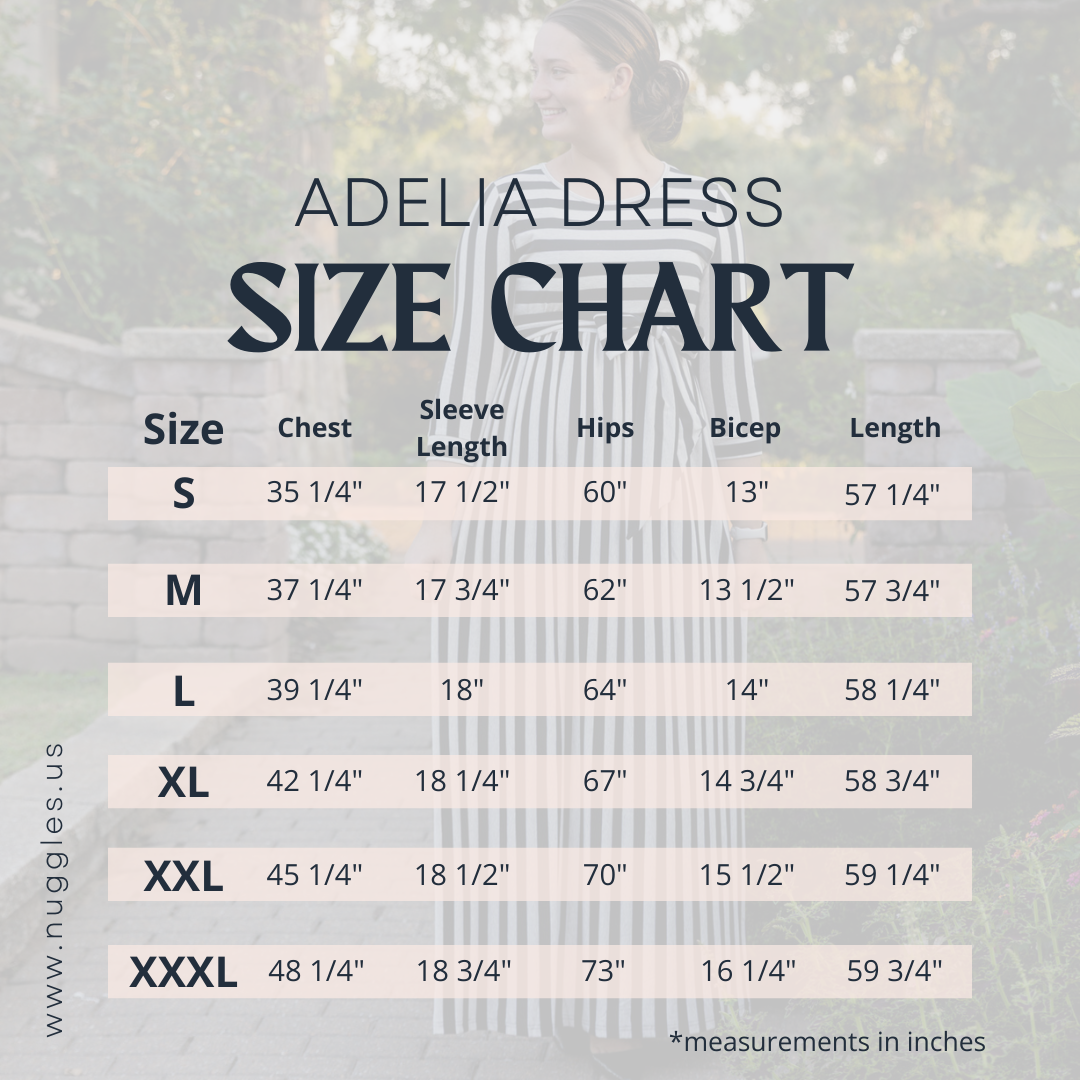 Size chart for Adelia Dress with measurements in inches.