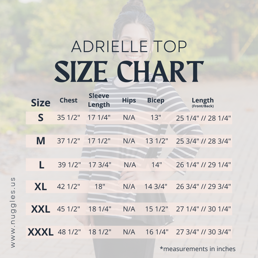 Adrielle Top size chart with chest, sleeve length, bicep, and front/back length measurements for sizes S to XXXL – Nuggles®  modest top sizing guide.