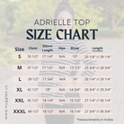Adrielle Top size chart with chest, sleeve length, bicep, and front/back length measurements for sizes S to XXXL – Nuggles®  modest top sizing guide.