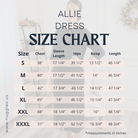 Nuggles® Allie Dress size chart – measurements for chest, waist, hip, and dress length in inches.