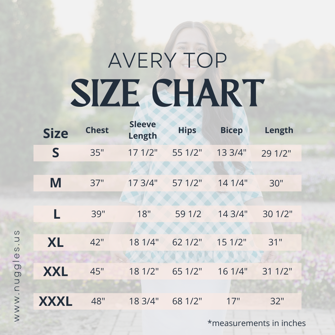 Size chart for the Avery Top by Nuggles, showing measurements in inches for sizes S through XXXL, including chest, sleeve length, hips, bicep, and length.
