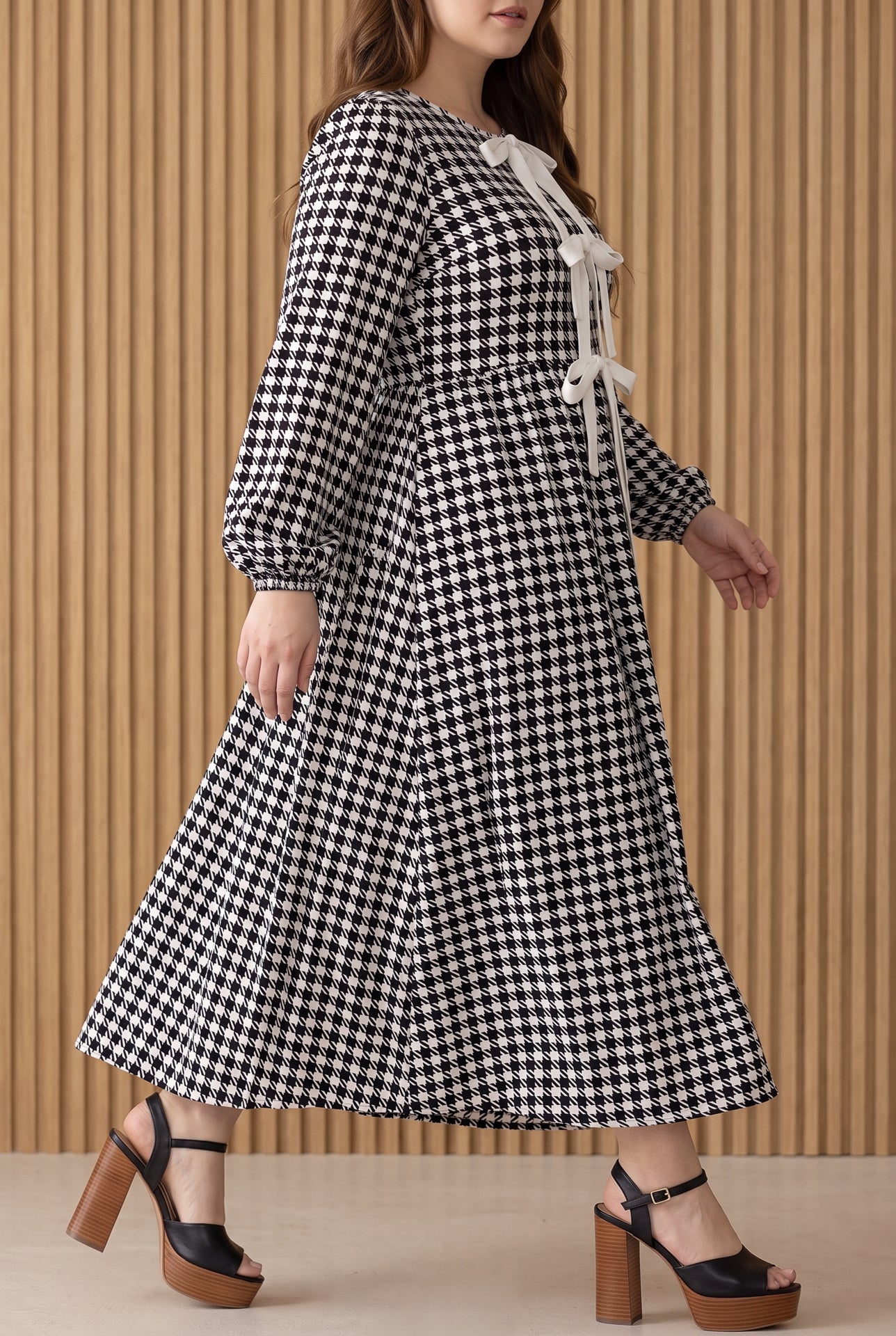 Model wearing Nuggles® Addison Dress in Cookie Check