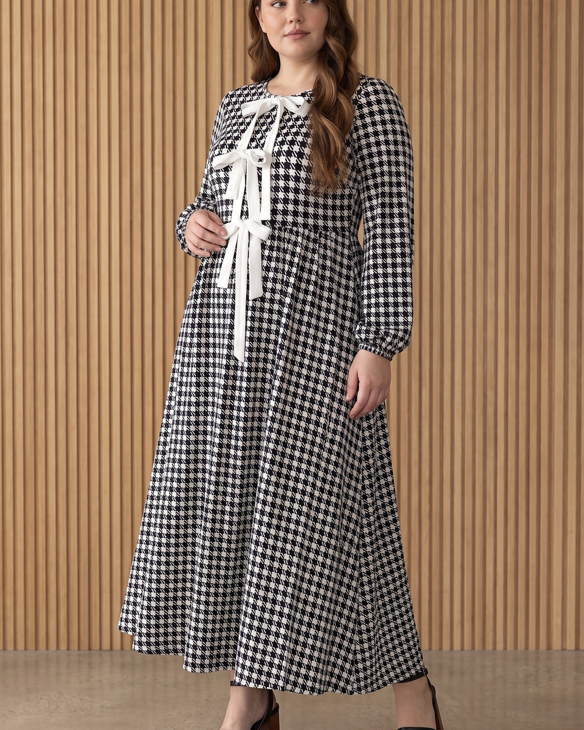 Model wearing Nuggles® Addison Maxi Dress in Cookie Check