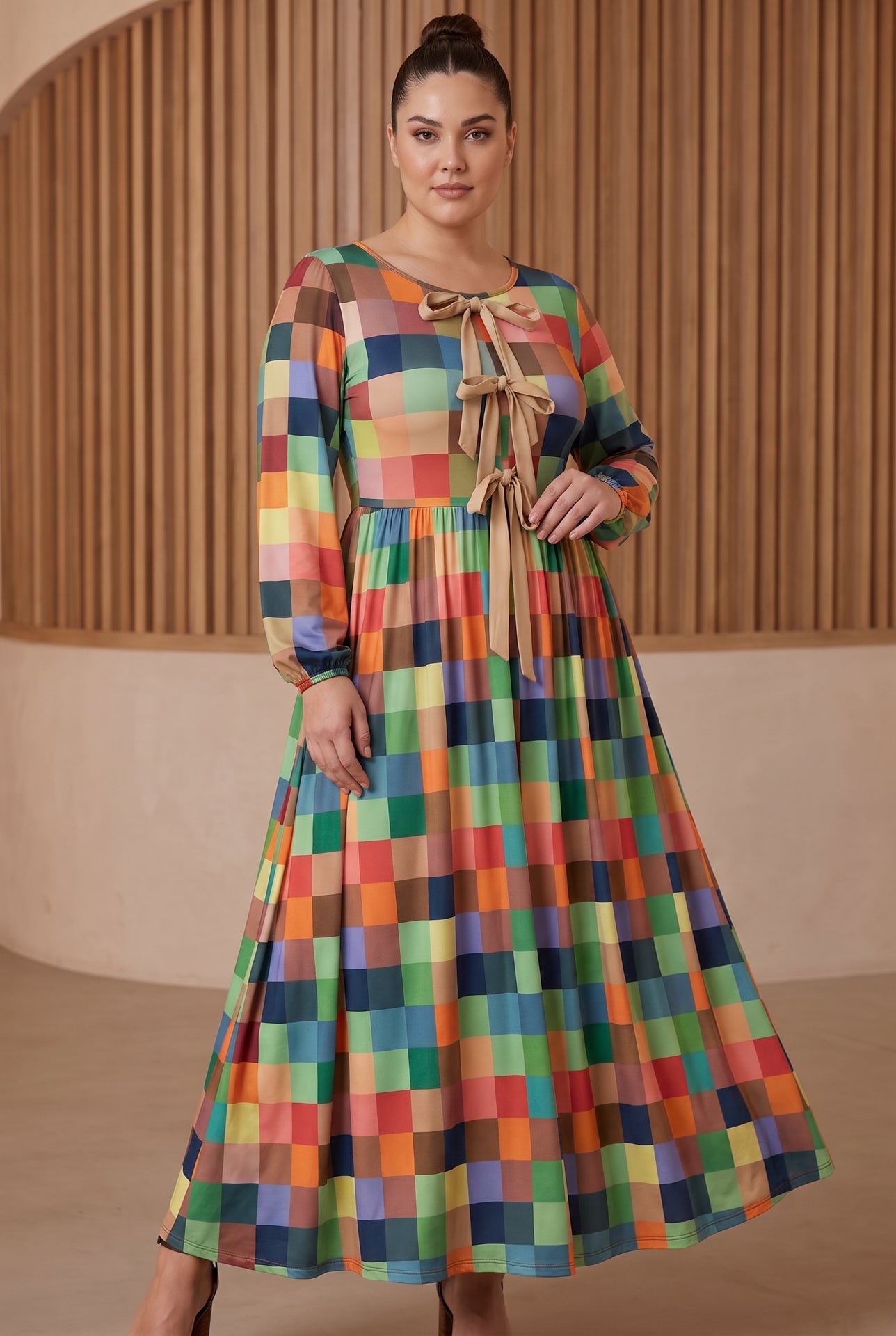 Model wearing Nuggles® Addison Dress in Patch Pixels