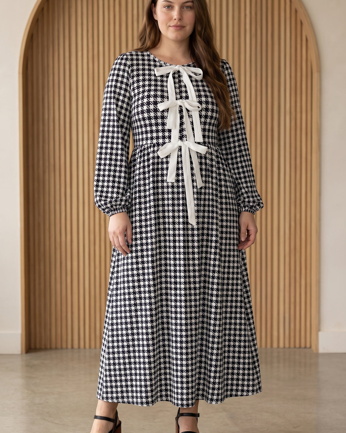 Model wearing Nuggles® Addison Maxi Dress in Cookie Check
