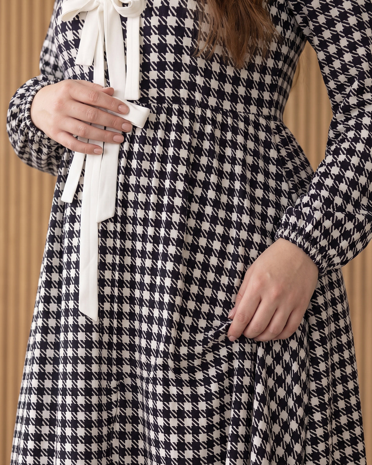 Model wearing Nuggles® Addison Maxi Dress in Cookie Check