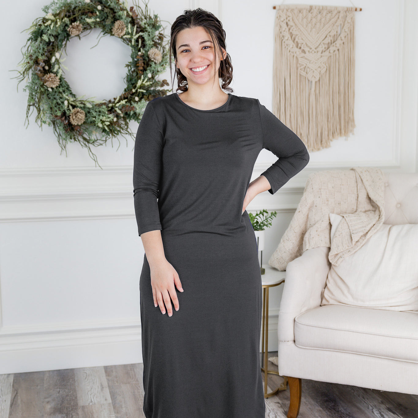Model wearing Nuggles® Original Style Midi Layering Dress in soft cotton knit