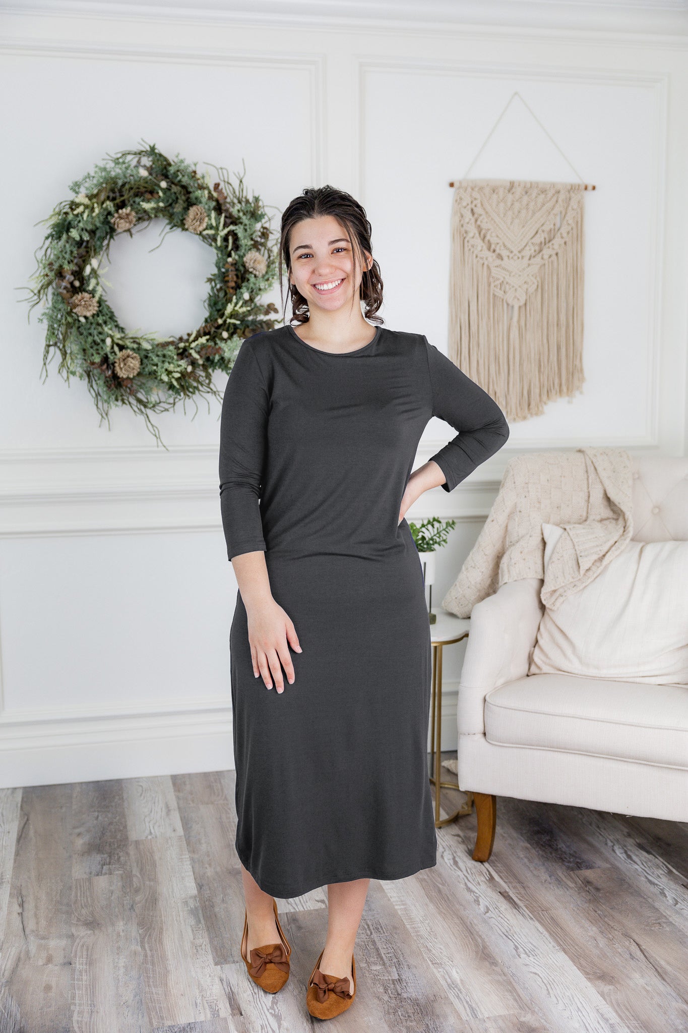 Model wearing Nuggles® Original Style Midi Layering Dress in soft cotton knit