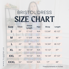 Size chart for Nuggles® Bristol Dress with measurements for bust, waist, hip, and length.