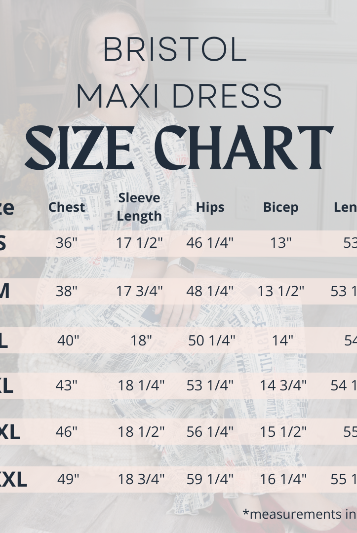 Size chart for Nuggles® Maxi Bristol Dress showing measurements for bust, waist, hips, and length.