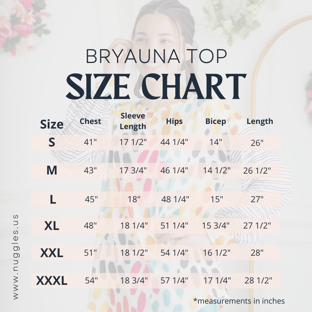 Bryauna Top Size Chart from Nuggles®, showing measurements for sizes Small to XXXL in chest, sleeve length, hips, bicep, and overall length