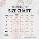 Bryauna Top Size Chart from Nuggles®, showing measurements for sizes Small to XXXL in chest, sleeve length, hips, bicep, and overall length