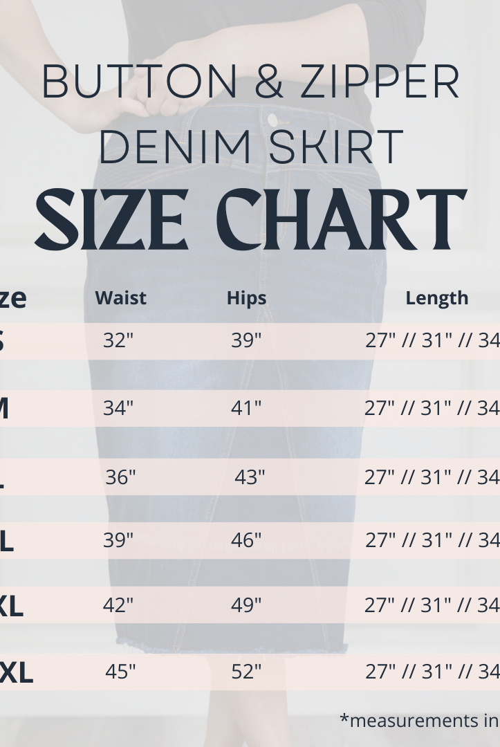Size chart for Nuggles® Denim Skirt showing waist, hip, and length measurements for sizes S to XXXL in inches.
