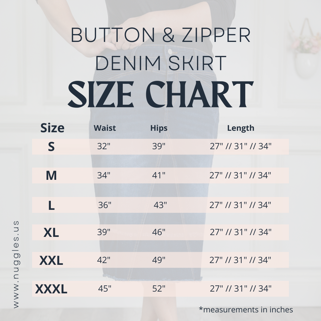 Size chart for Nuggles® Denim Skirt showing waist, hip, and length measurements for sizes S to XXXL in inches.
