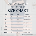 Size chart for Nuggles® Denim Skirt showing waist, hip, and length measurements for sizes S to XXXL in inches.