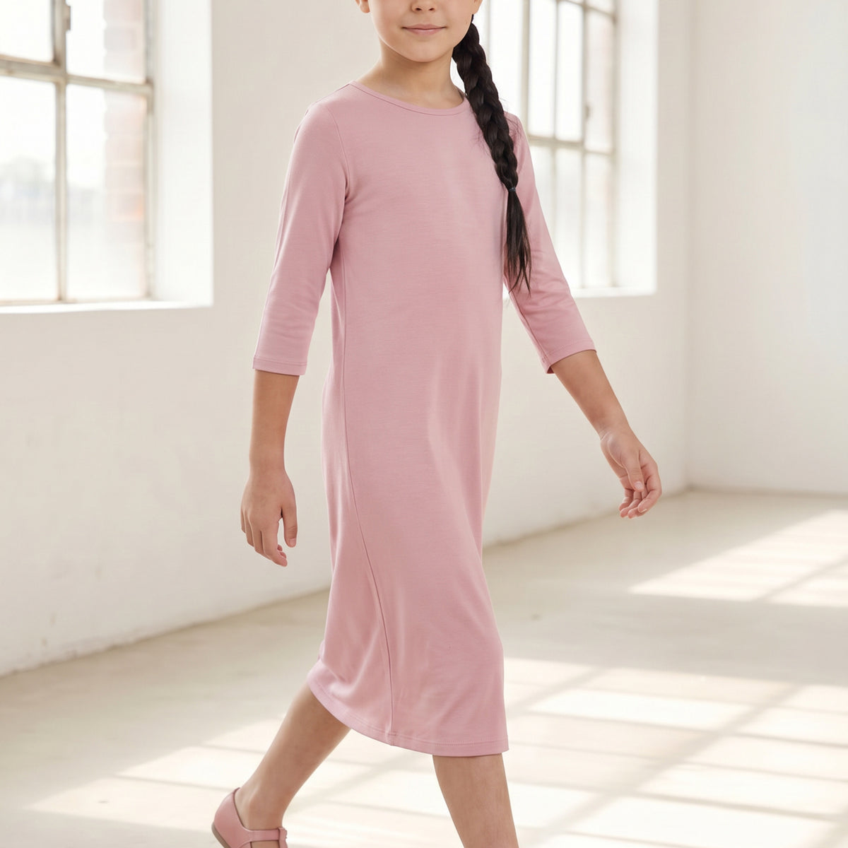Girls' Modest Layering Dress in Baby Pink