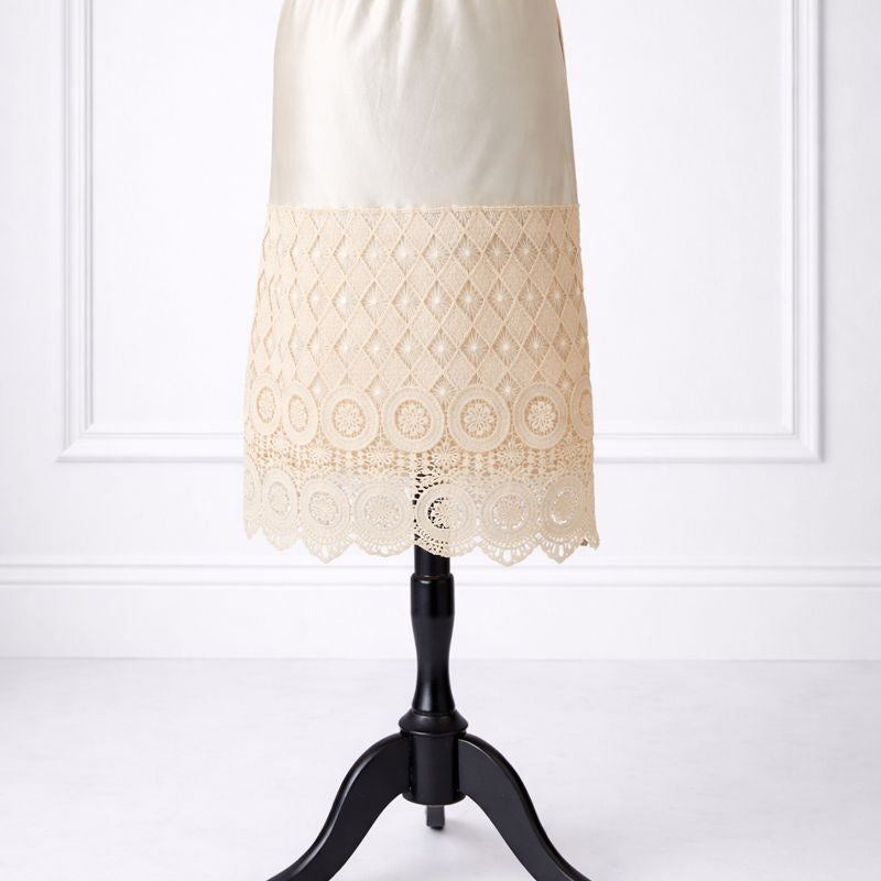 Our modest Nuggles® 27" crochet lace slip in Beige