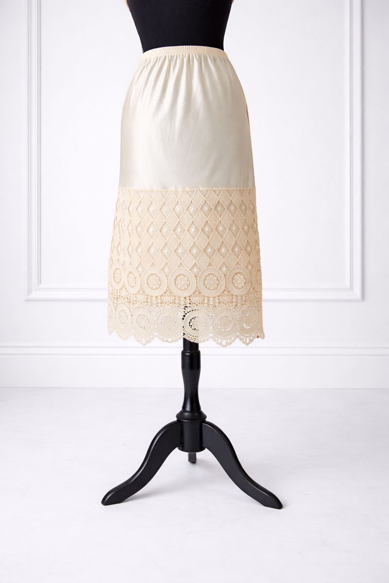 Our modest Nuggles® 27" crochet lace slip in Beige