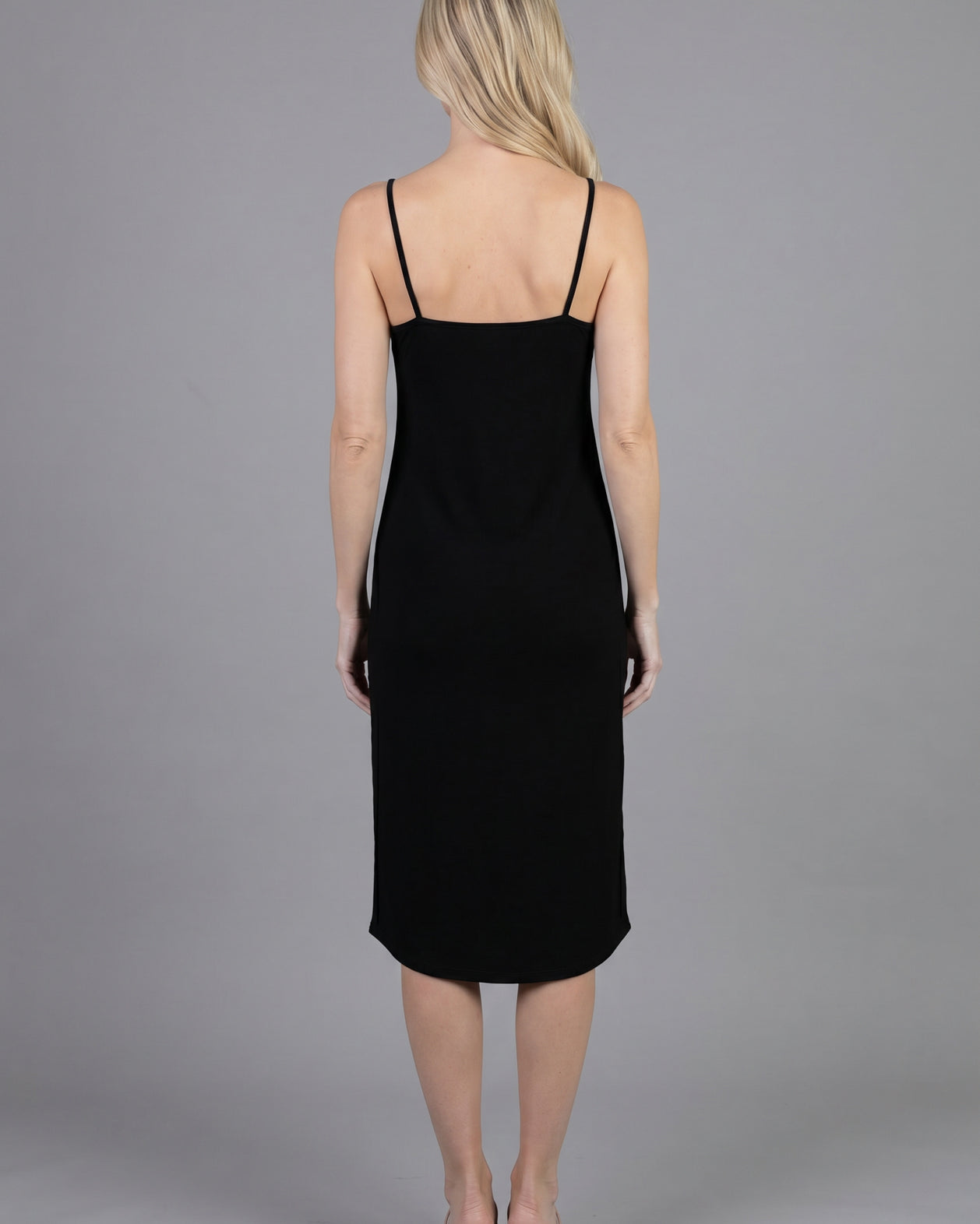 Black Layering Camisole Dress by Nuggles, modest sleeveless cotton slip midi worn under dresses and tops