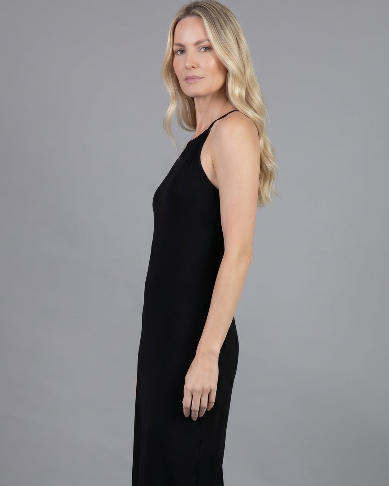 Black Camisole Layering Dress by Nuggles, maternity-friendly sleeveless midi slip for modest coverage